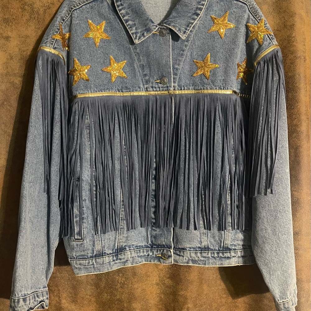 SOLD Denim Fringe Jacket with Gold Star Accents